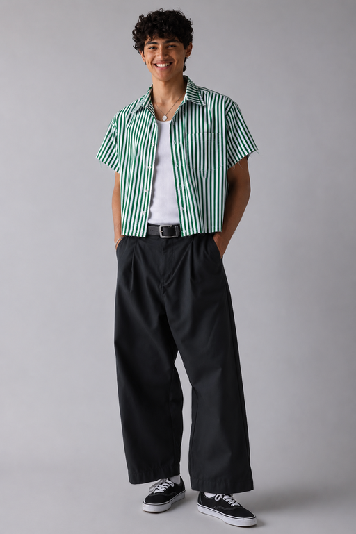 Mint Green Striped Boxy Crop Shirt