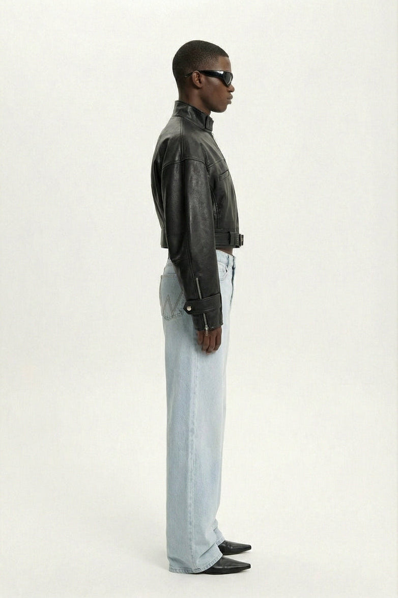 Leather cropped baggy jacket