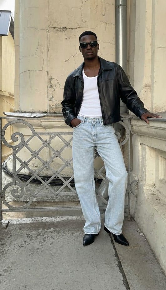 Leather cropped baggy jacket